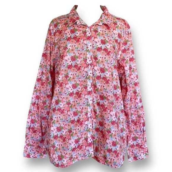 Garnet Hill Womens Pink Essential Pima Cotton Shirt Plus Sz 18 Floral Blouse - Picture 1 of 6